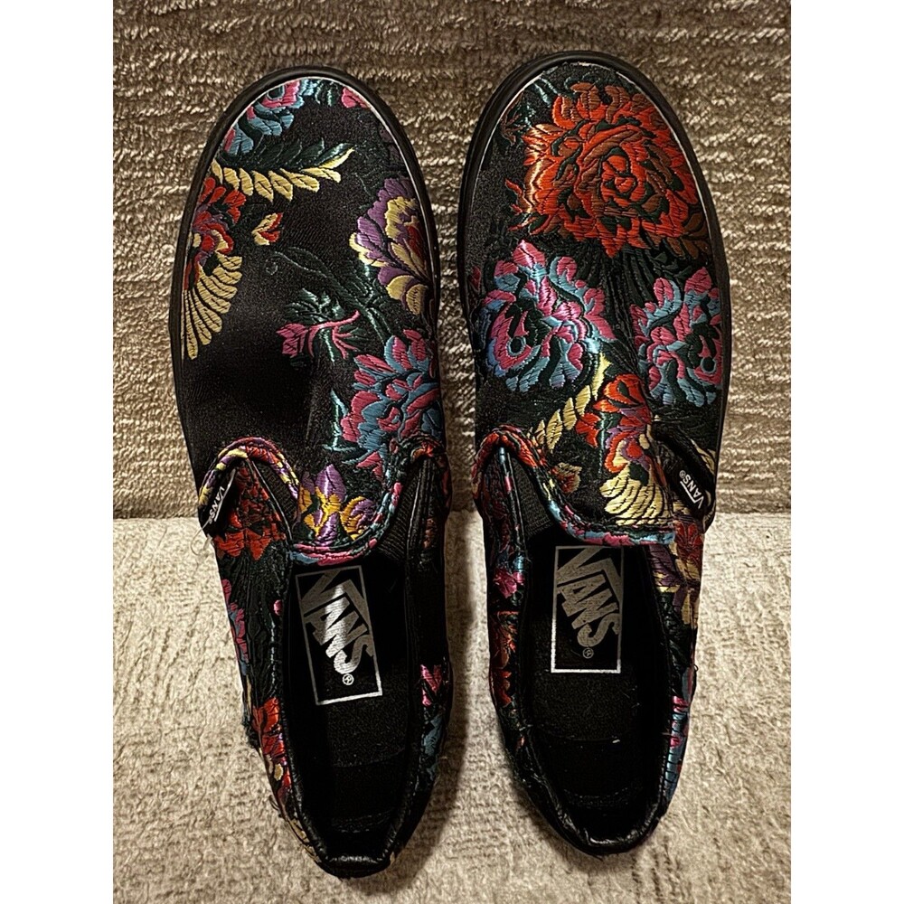 Vans Classic Slip On Festival Satin Black Floral Brocade Shoes Womens 7 Mens 5.5